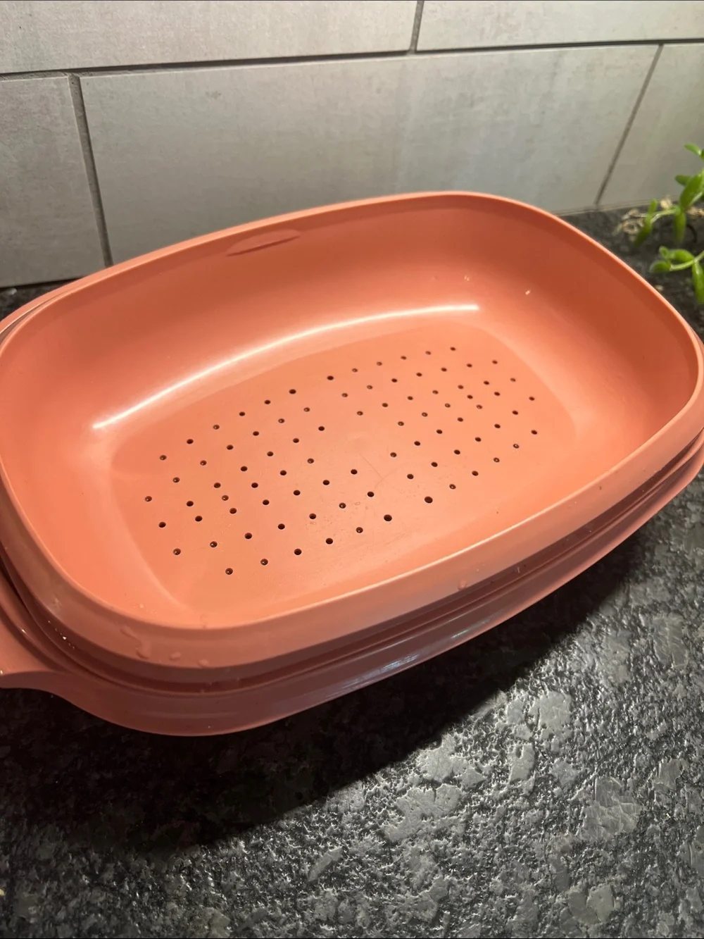 Coral Pink Plastic Steamer Dish with Lid. Like new condition.